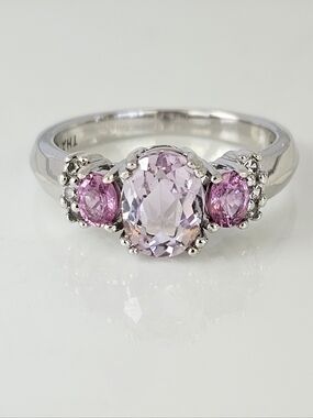 Genuine Kunzite & Pink Sapphire Ring Sterling Silver Rhodium Overlay Sz 7!